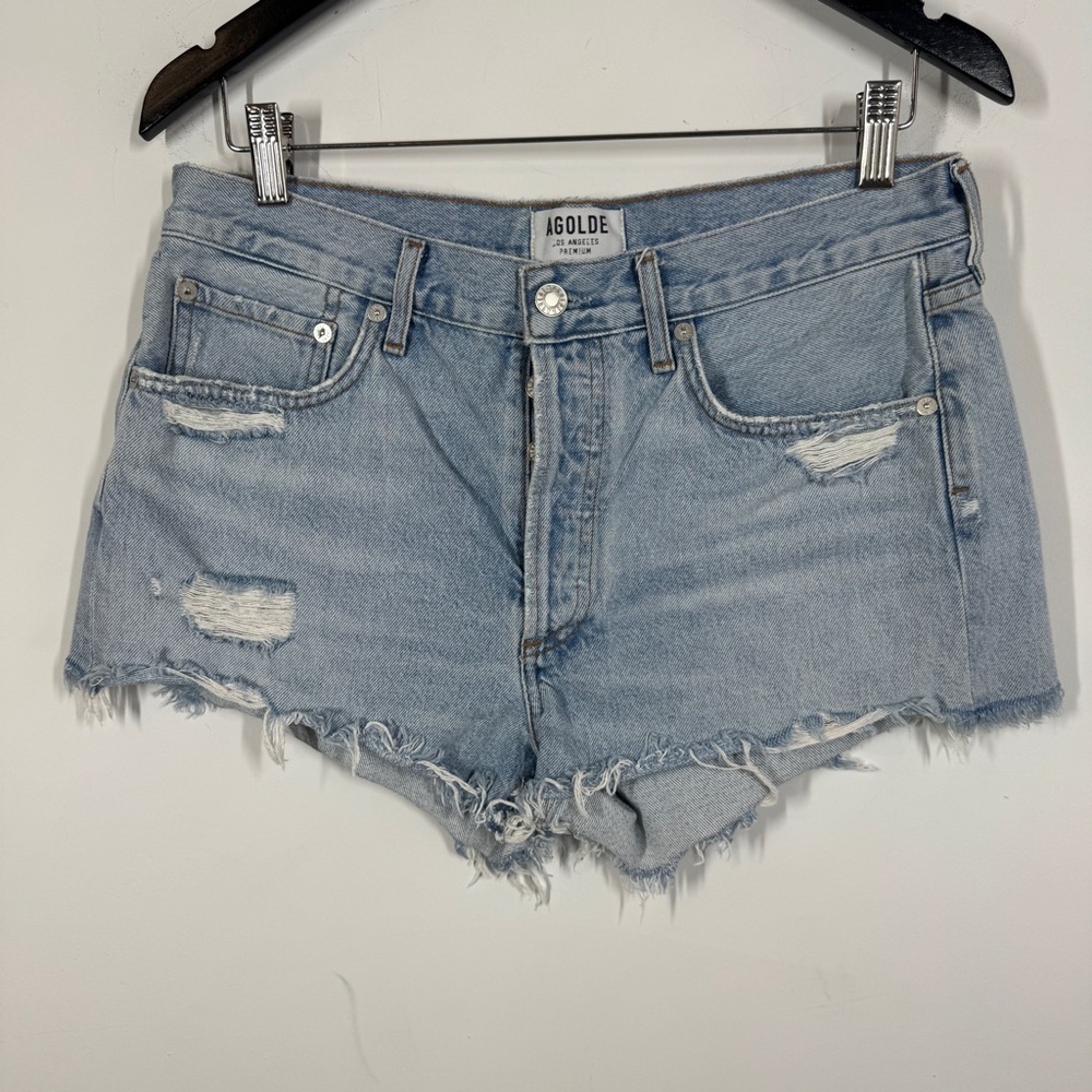Agolde Light Wash Distressed Denim Cutoff Shorts Size 28 Raw Hem Summer - Picture 2 of 9